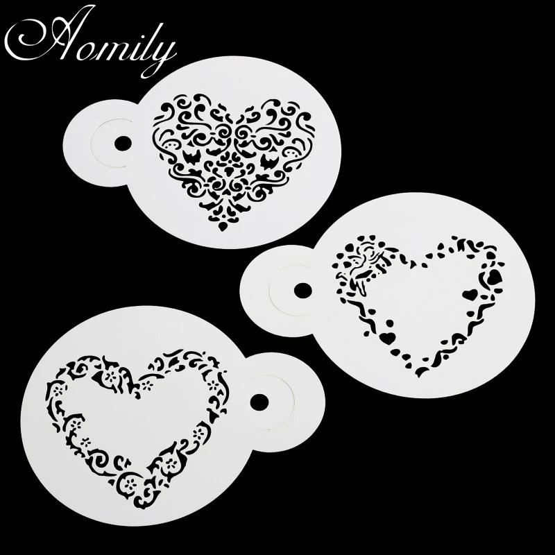 Aomily 3pcs/Set Heart Shape DIY Cake Mold Stencils Airbrush Painting Art Molds Fondant Decorating Tools Coffee Espresso Stencils