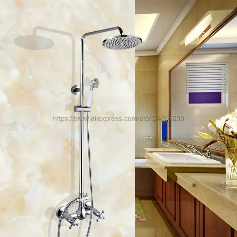 Bathroom Rainfall Shower Faucet Set Mixer Tap With Hand Sprayer Double Handles Wall Mounted chrome Bcy301