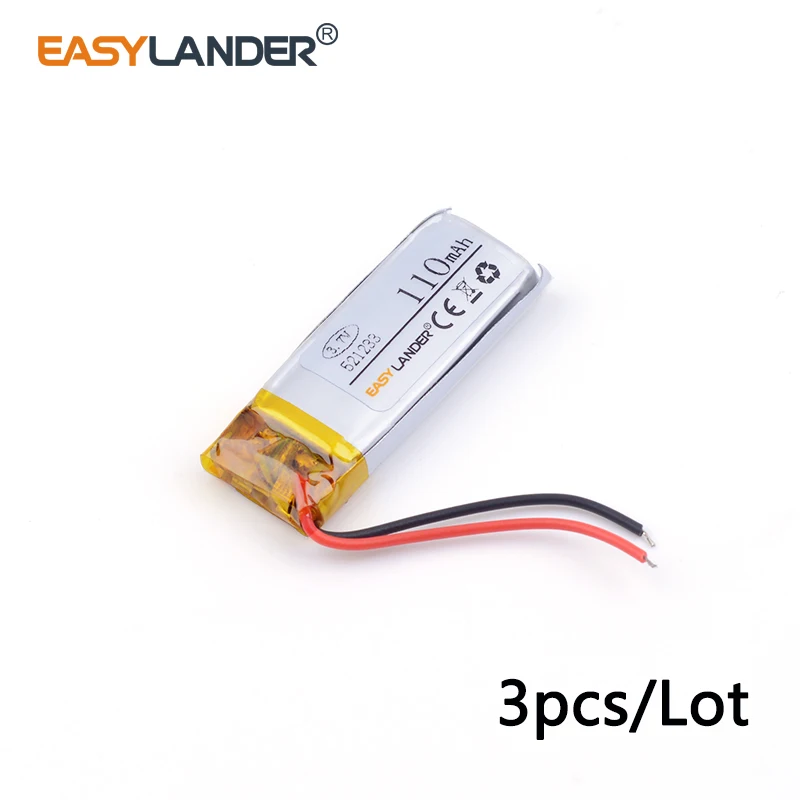 3pcs /Lot 521233 110mAh 3.7V Rechargeable Lithium Li-ion Polymer Battery for Remote control / two-way GPS DVR