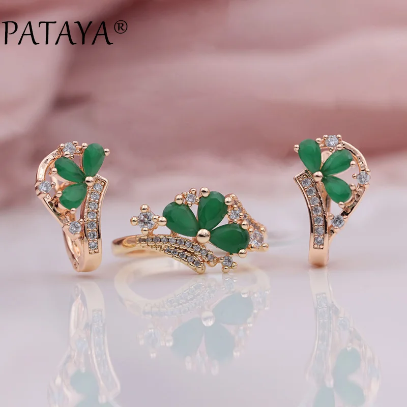 PATAYA New Fashion Women Wedding Jewelry 585 Rose Gold Color Micro-wax Inlay Green Water Drop Natural Zircon Earrings Rings Sets