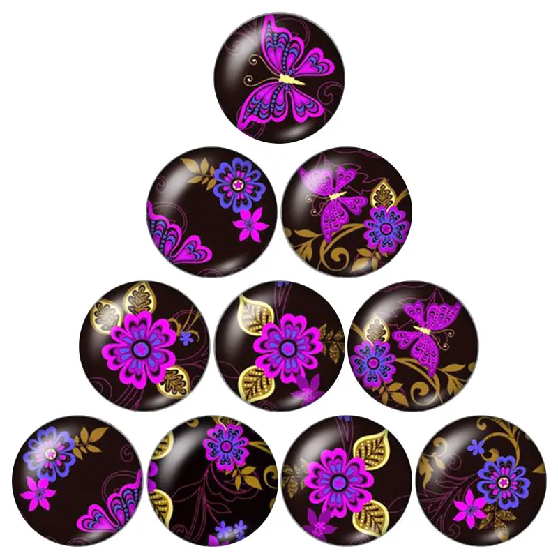 

New Fashion Purple flowers 10pcs mixed 12mm/16mm/18mm/25mm Round photo glass cabochon demo flat back Making findings ZB0514