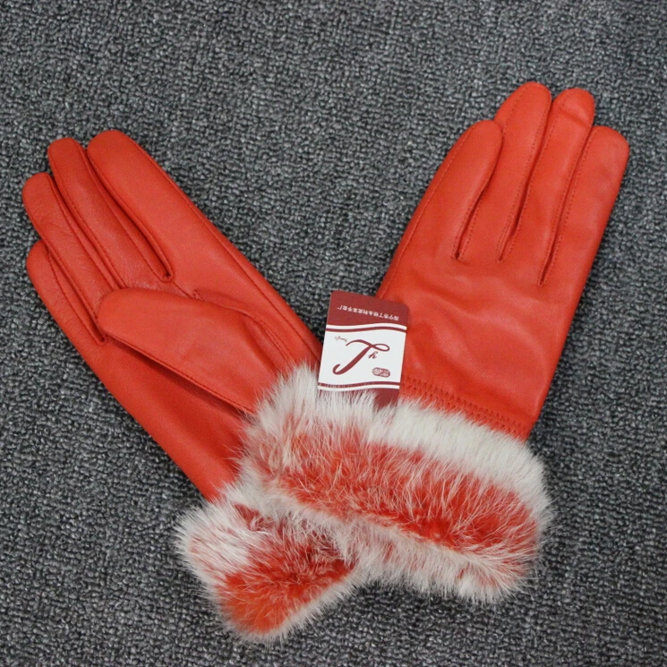 Harppihop Fur  Women Winter Genuine Leather Gloves Fashion Brand Rabbit Fur Warm Driving Girls Gloves Goatskin Mittens Guantes