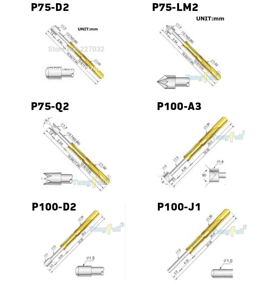 500-teiliges Federprüfspitzen-Set P50/P75/P100 Serie, vergoldete Pogo-Pins für PCB ICT-Tests, 10 Tipptypen, je 50 Stück – Detail 4