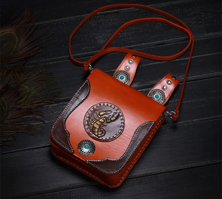 Handmad Women Men Handbags Cow Leather Messenger Shoulder Belt Bag Scorpion Turquoise Button Vegetable Tanned Leather Waist Bags