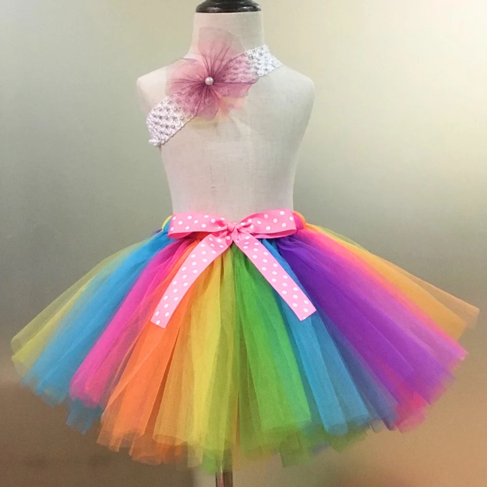 Rainbow Tutu spódnice dziewczynek tiulowe spódnice taniec baletowy Pettiskirt Tutus z Polka kokardki w kropki i zestaw opasek dla dzieci spódnice na