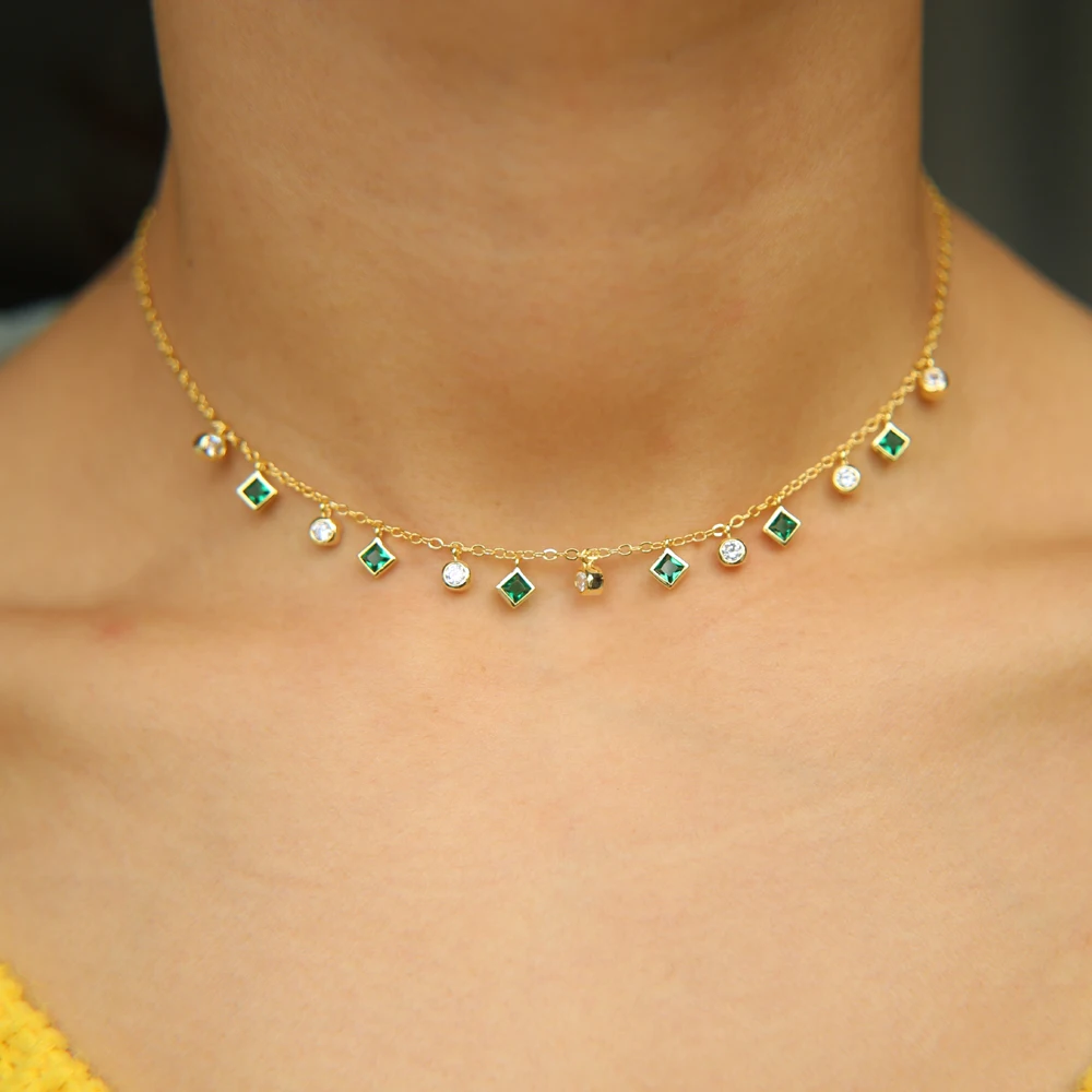 High Quality Bezel Cz Station Statement Green round square cz Charm Pendant 33+7cm Choker Necklace Thin Chain for women
