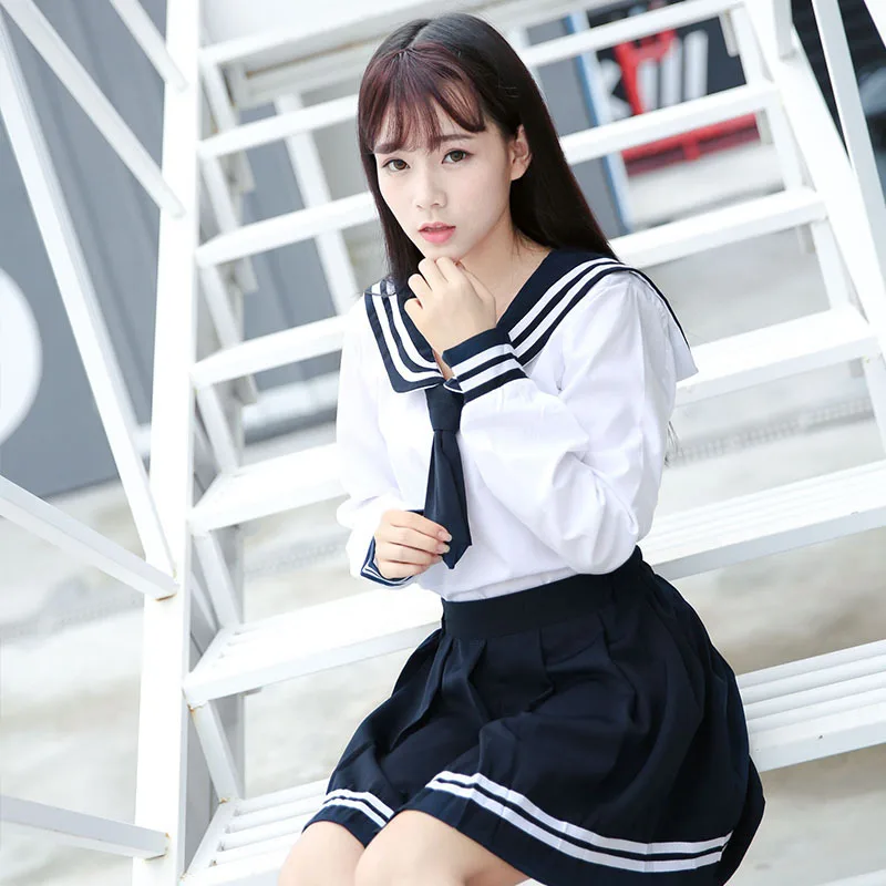 High-quality JK uniform Japanese Sailor Suit Girl School uniform Kansai Collar Student Short-sleeve Pleated skirt suit Navy blue