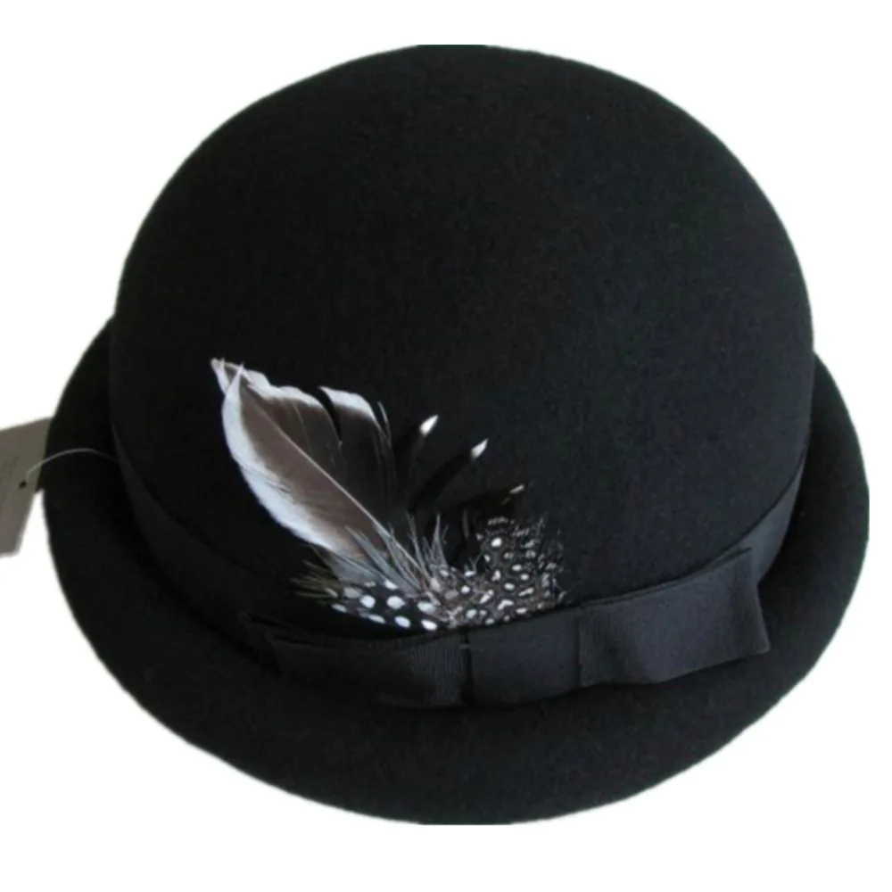 Women's Luxurious Wool Stingy Brim  Bowler Felt Hat - Black Color