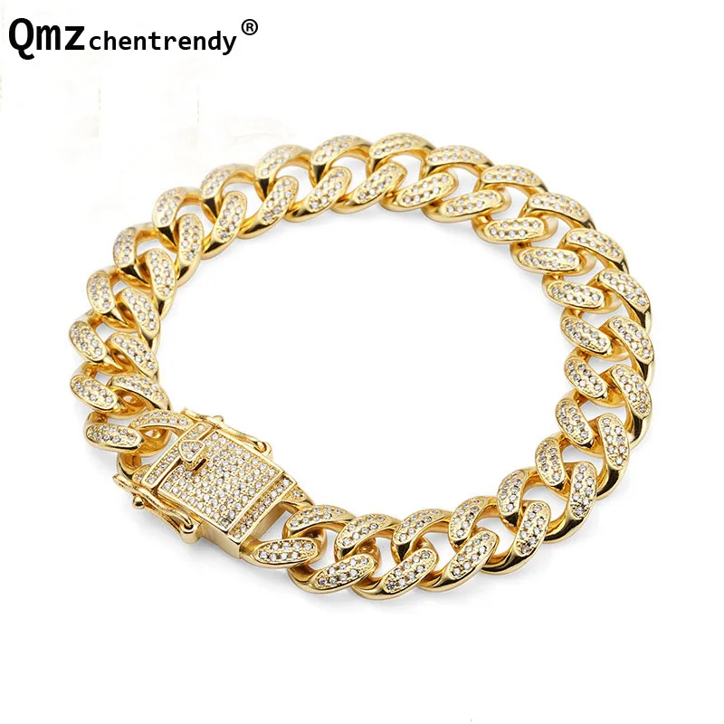 

Top Quality Copper PVD Plating Bling Iced Out Thick Curb Cuban Chain Bracelets Full CZ Stone Clasp Gold Link Bangles