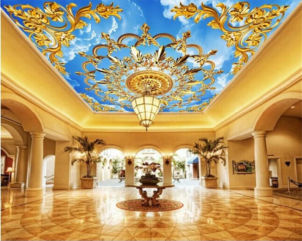 

beibehang HD fashion high decorative papel de parede 3d wallpaper 3D European personality yellow blue sky white clouds ceiling