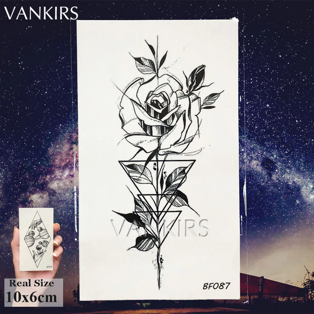 VANKIRS 3D Wrist Black Triangle Flower Waterproof Fake Temporary Tattoos Stickers Women Girls Makeup Tattoo Body Arm Art Tatoos