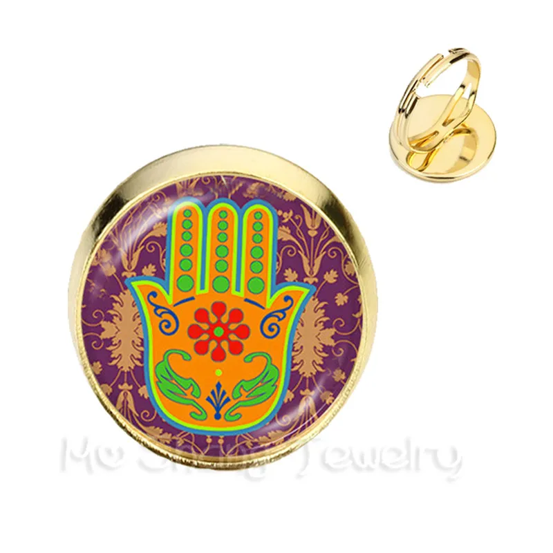 Vintage Hamsa Hand Adjustable Rings Evil Eye Glass Cabochon Golden Plated 2 Color Rings Charms Fatima Jewelry For Gift