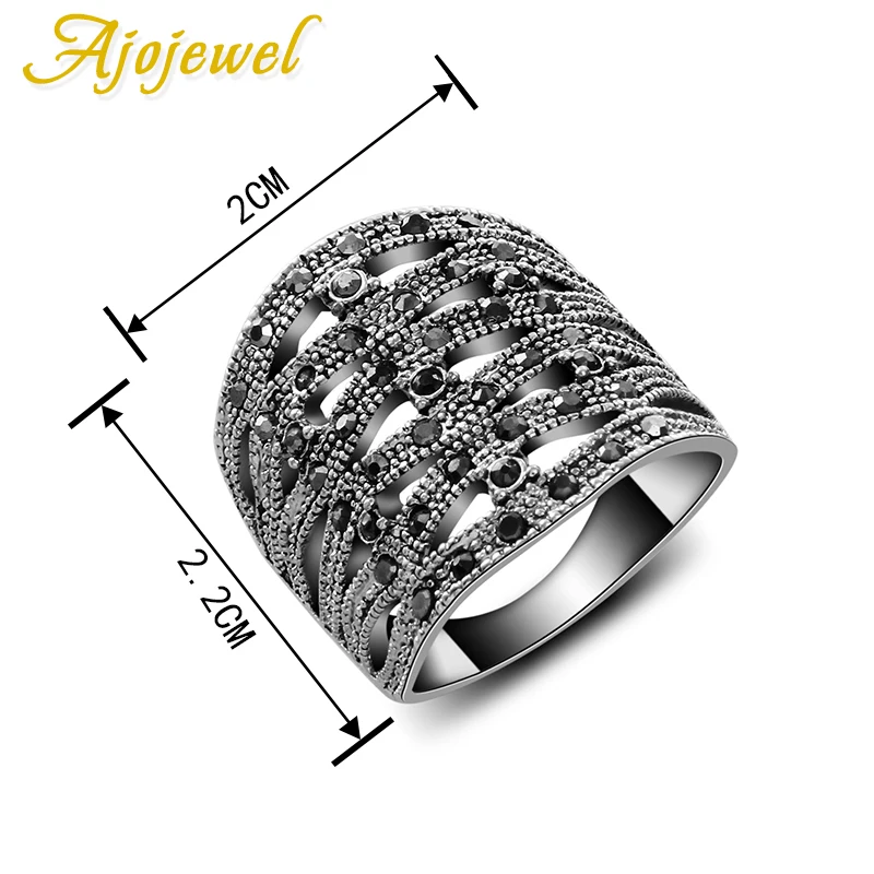 Ajojewel Big Luxuoius Pave Black CZ Retro Women Brand Geometric Ring Femininas Jewelry