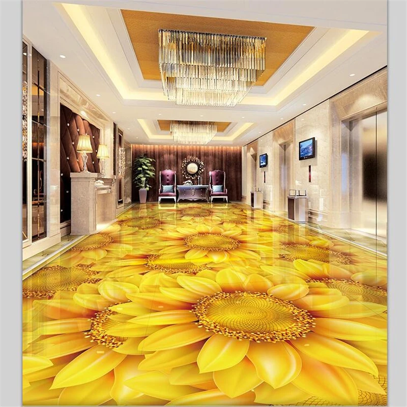 

wellyu Custom 3D floor stickers Sunflower Sunflower Plant Floral 3D floor tiles can be magnified ten times Papel de parede