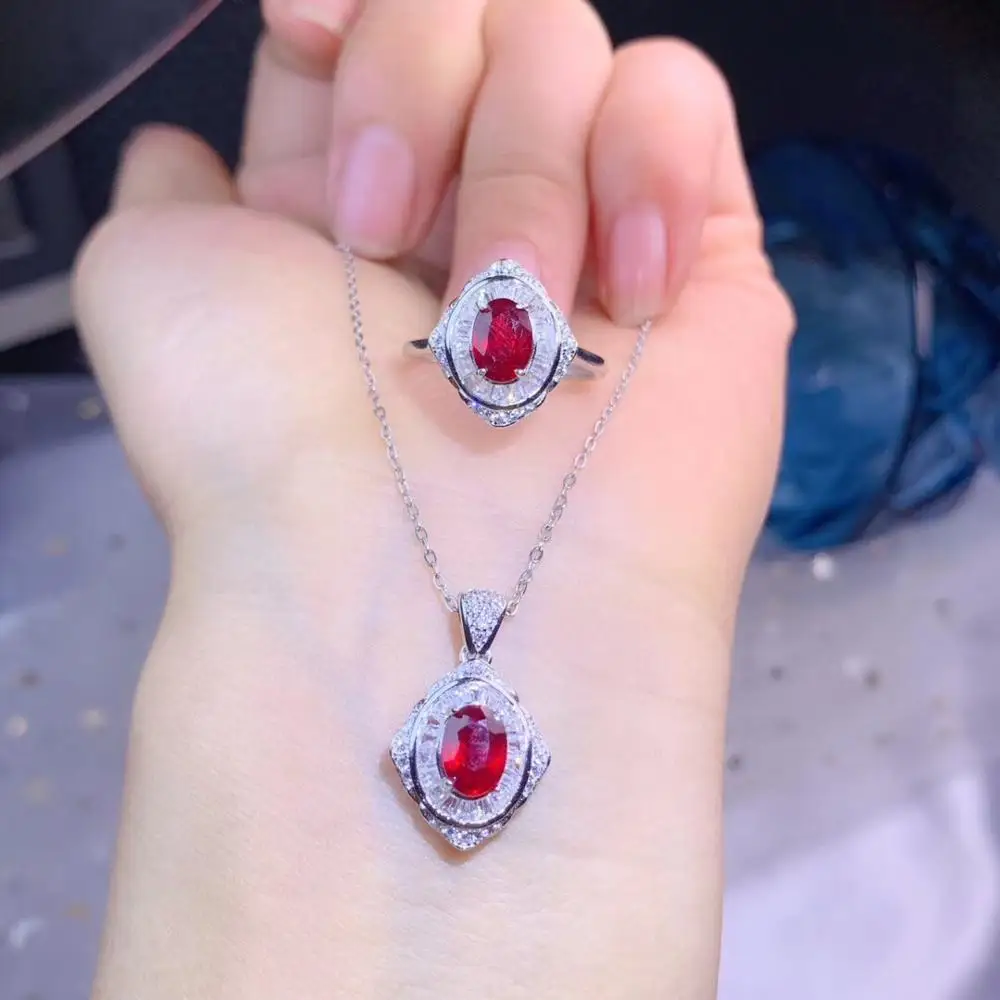 

new style red gemstone ring and necklace jewelry set with 925 silver