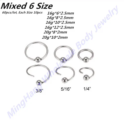 

16g 20g 316L Surgical Steel Easy open Captive Bead Ring Nose Ring Septum Hoop Piercing Jewelry 60pcs/lot