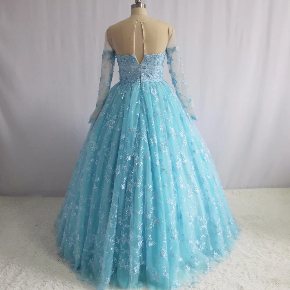 Mode Vestidos De Formatuur Lichtblauwe Juweel Appliqueds Kralen Parels Gezwollen Lange Mouw Kant Prom Dress