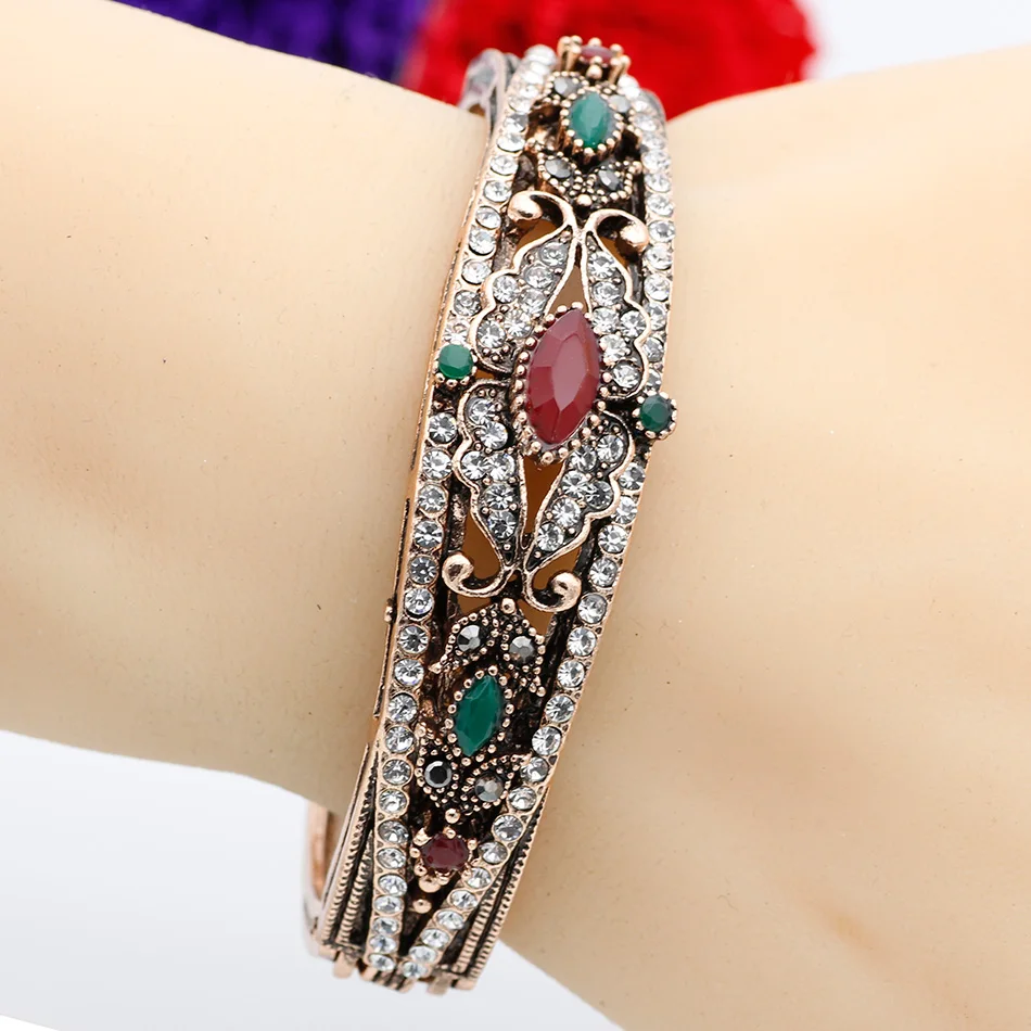 New Style Turkish Vintage Flower Bangle Cuff For Women Banquet Jewelry Antique Gold Color Resin Fine Bracelet Retro Bijoux Gift