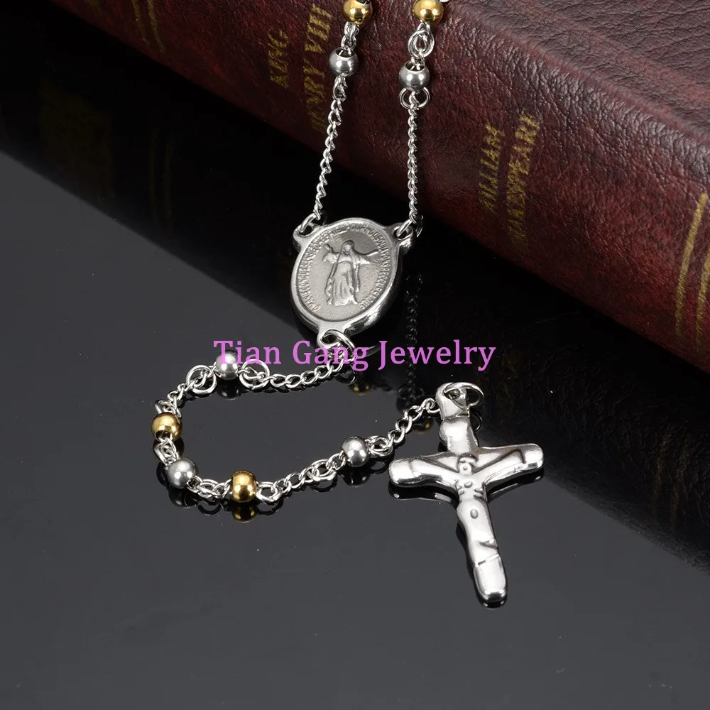 Gold Silver Color 4mm/6mm/8mm Round Bead Rosary Necklace Stainless Steel religious Jesus Crucifix Cross Chain for women Men