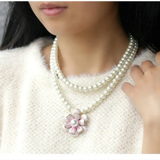 Kymyad Imitation Pearl Necklace Women Collares New Flower Necklaces & Pendants Double Layer Choker Statement Necklace Jewelry