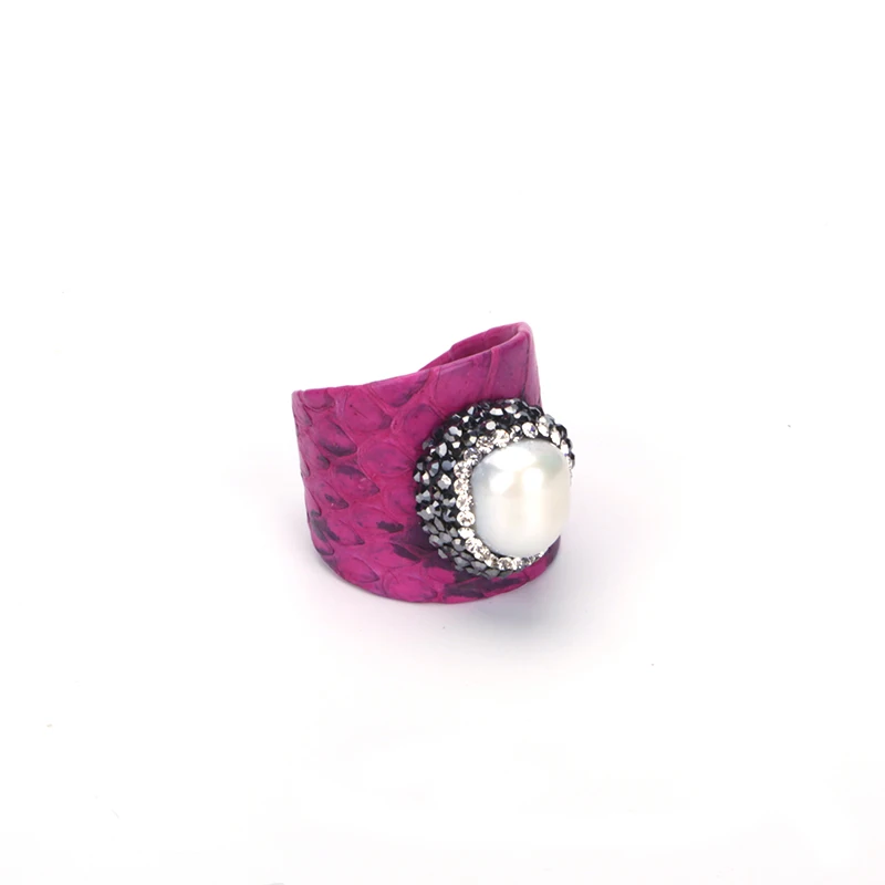 Luxury Freshwater Pearl Bead Charm Pave Rhinestone Hot Pink Black Navy Blue Grey Snake Leather Adjustable Open Rings Cuff Women