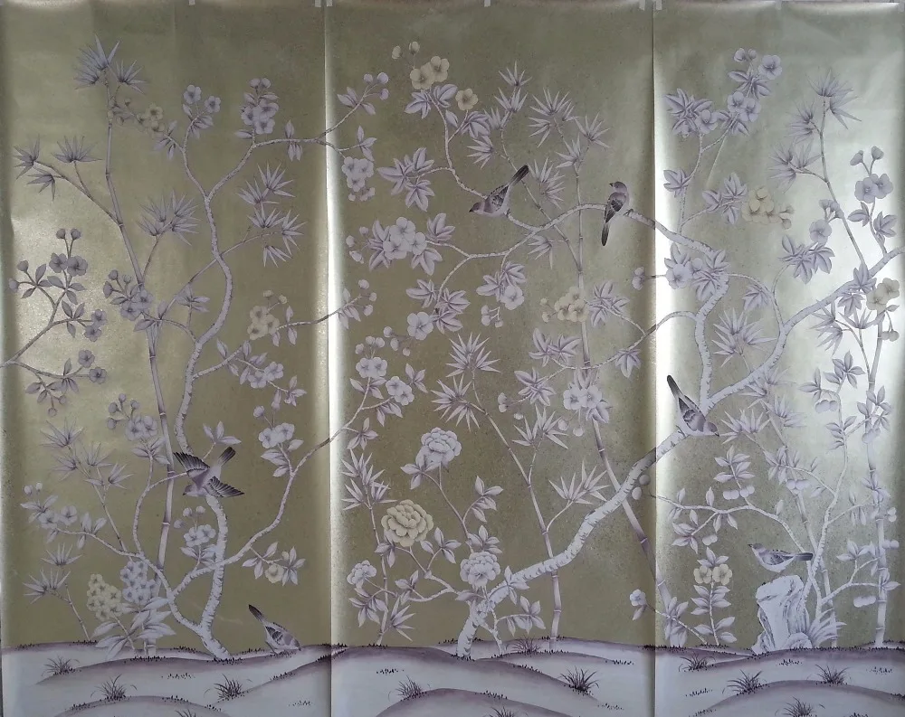 Luxurious elegance Hand painted gold foil wallpaper painting flowers with birds hand-painted wallcovering wallcoating background