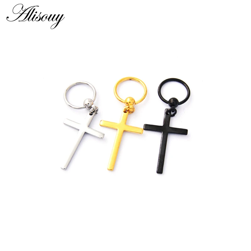 Alisouy New Circle Round Cross Earrings Men Stainless Steel Pendant Stud Earrings Punk Rock Captive Bead Male Earrings Jewelry