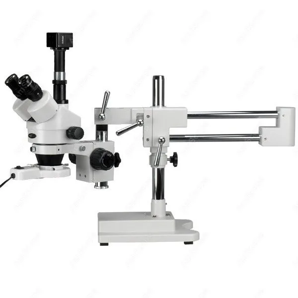 AmScope Simul-Focal Zoom Trinocular Stereo Microscope 3.5X-90X + 8W Fluo Ring Light + 5MP Camera on Double Arm Stand