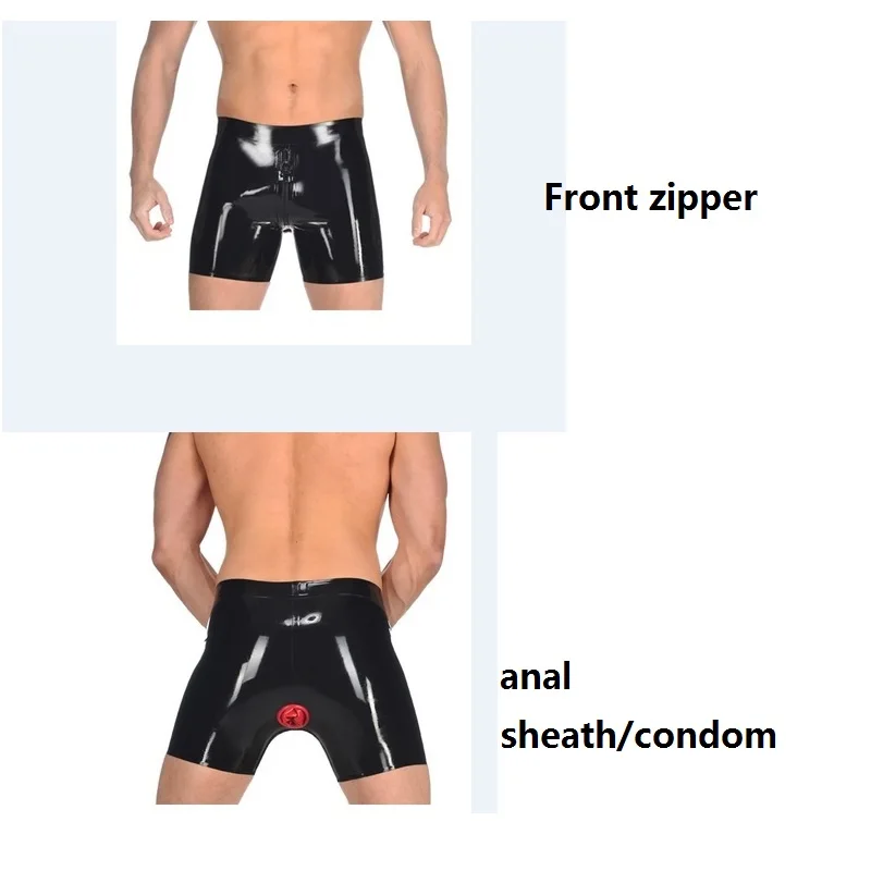 New sexy plus big Men Latex Rubber Fetish Shorts Underwear with an Attached Anal Sheath Front Zipper