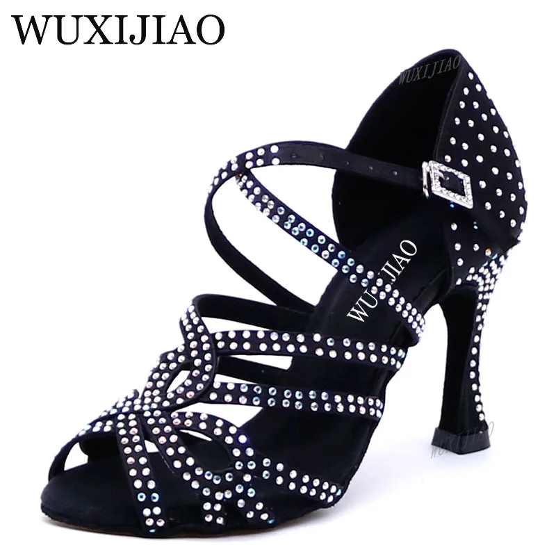 WUXIJIAO zapatos de baile latino con diamantes de imitación y purpurina para mujer, zapatos de baile de Salsa de satén para mujer, zapatos de salón