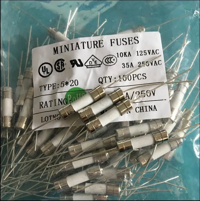 100PCS/1LOT 5*20 5x20MM lead wire ceramic fuse 0.5A 1A 1.5A 2A 2.5A 3A 3.15A 4A 5A 6A 6.3A 8A 10A 12A 15A 16A 20A 25A 30A 250V