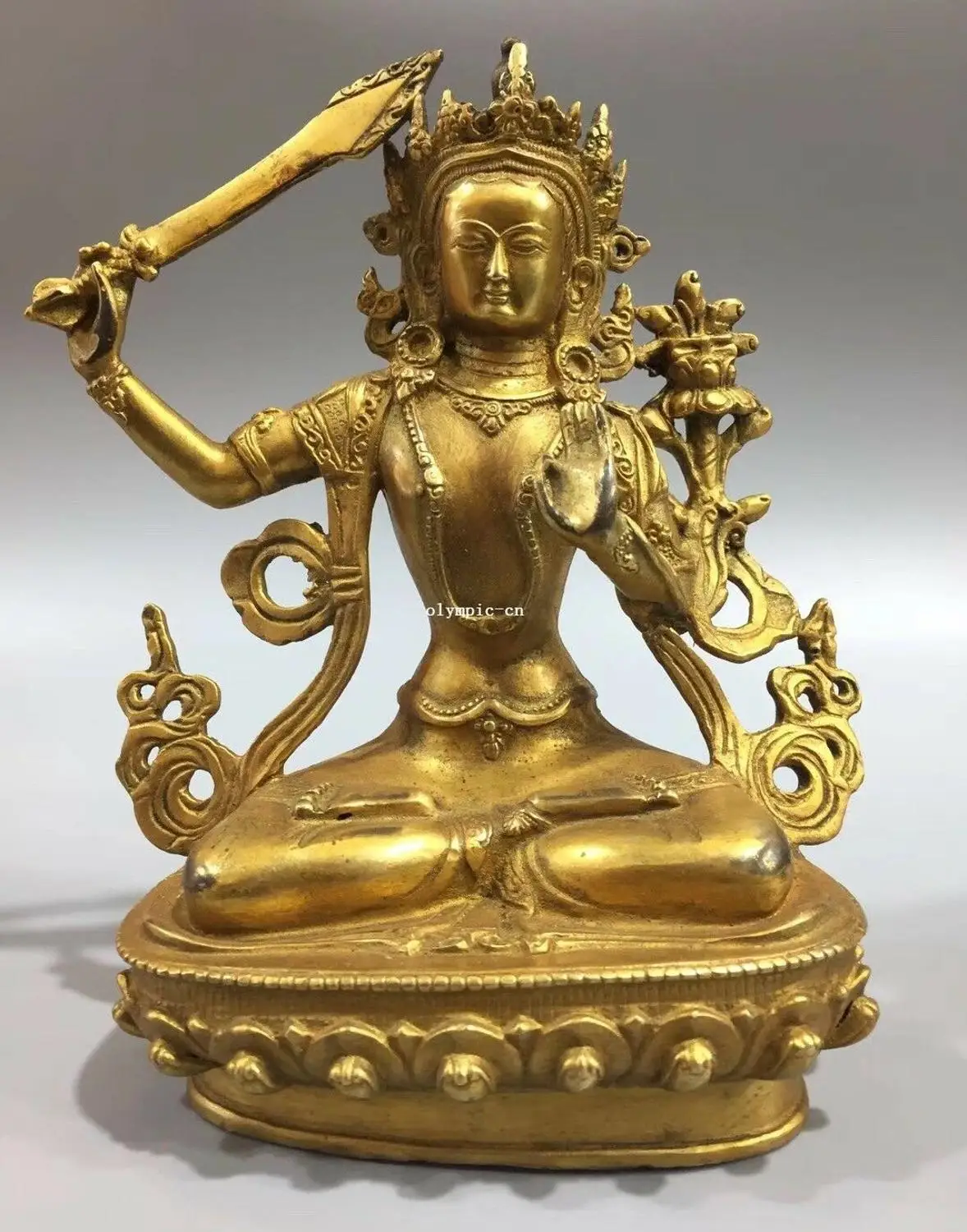 8'' bronze copper gold carved buddhism hold sword Manjusri Bodhisattva statue