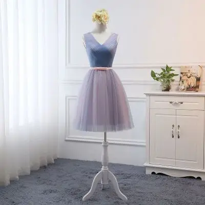 Beauty-Emily Tulle Pink Bridesmaid Dresses 2019 Short V-neck Lace A line  Wedding Party Gown Formal Dress  Robe De Soiree