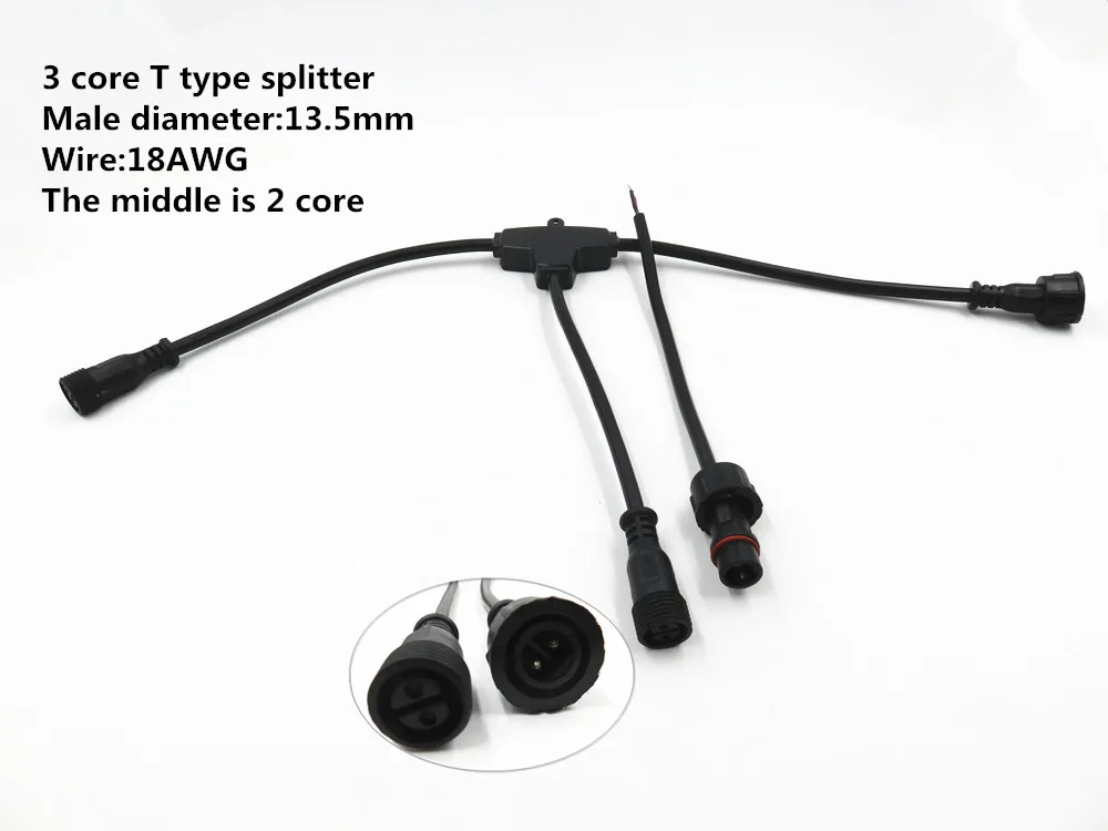 3 core black waterproof connector,T type splitters,pigtail connector, extension cable,Male and Female Ends Push In