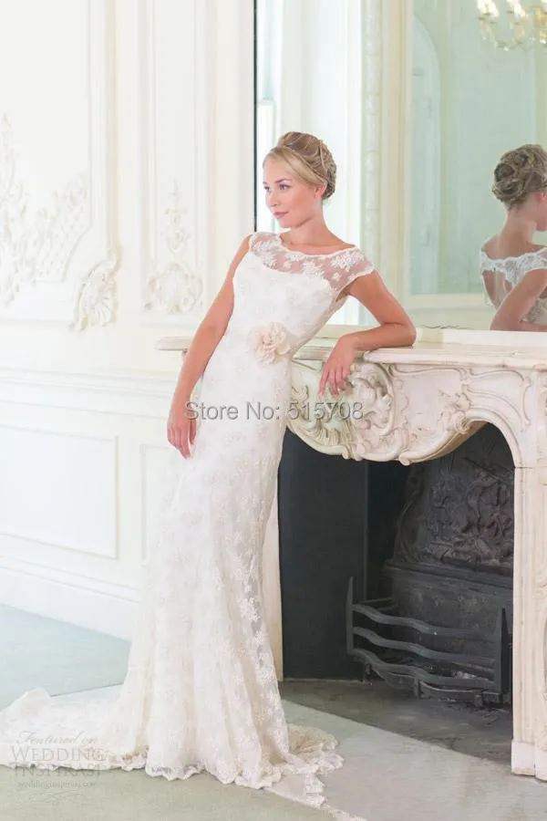 Charming Sexy Blackless Bridal Gown Lace Scoop A line Court Train Lace Wedding Dresses With Flower Sash Bridal Gowns