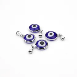 Lucky Eye 10pcs/lot Alloy Metal Silver Color Blue Glass Round Evil Eye Charms Pendant Jewelry Findings For DIY Necklace Handmade