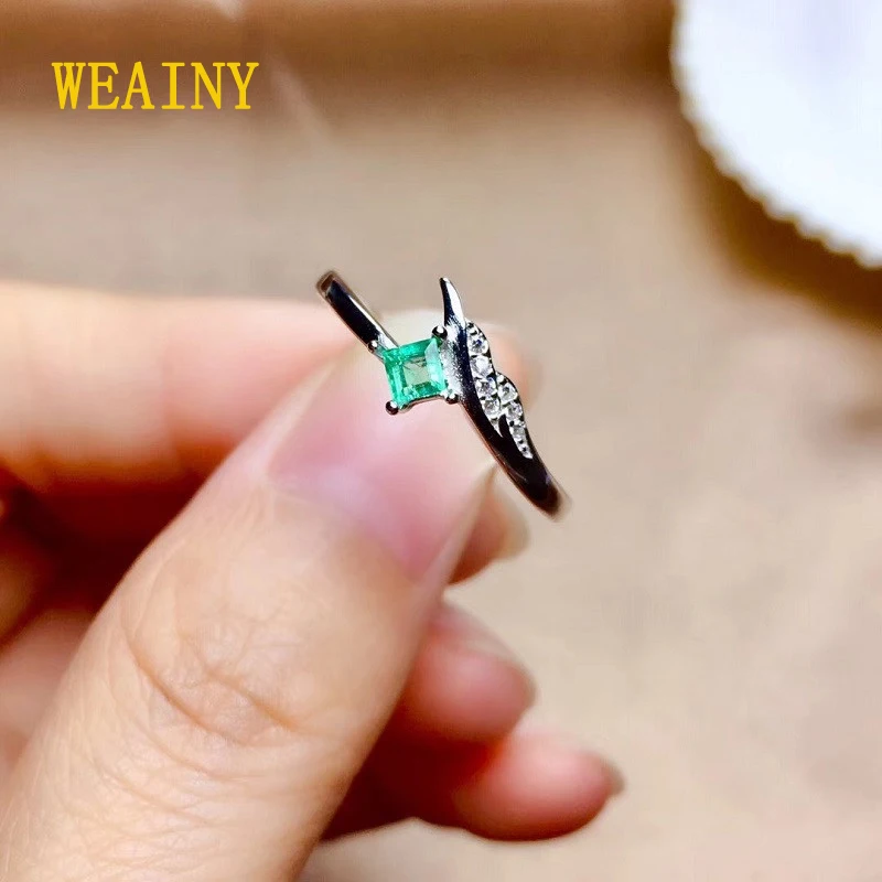 

WEAINY New fashion natural emerald ring Simple and authentic square 3mm* 3mm sterling silver emerald engagement ring for women