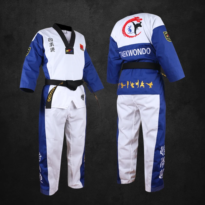 Blue Top Quality Colored Adult Male Female Kids taekwondo uniform with embroidery Taekwondo dobok Suit for training clothes