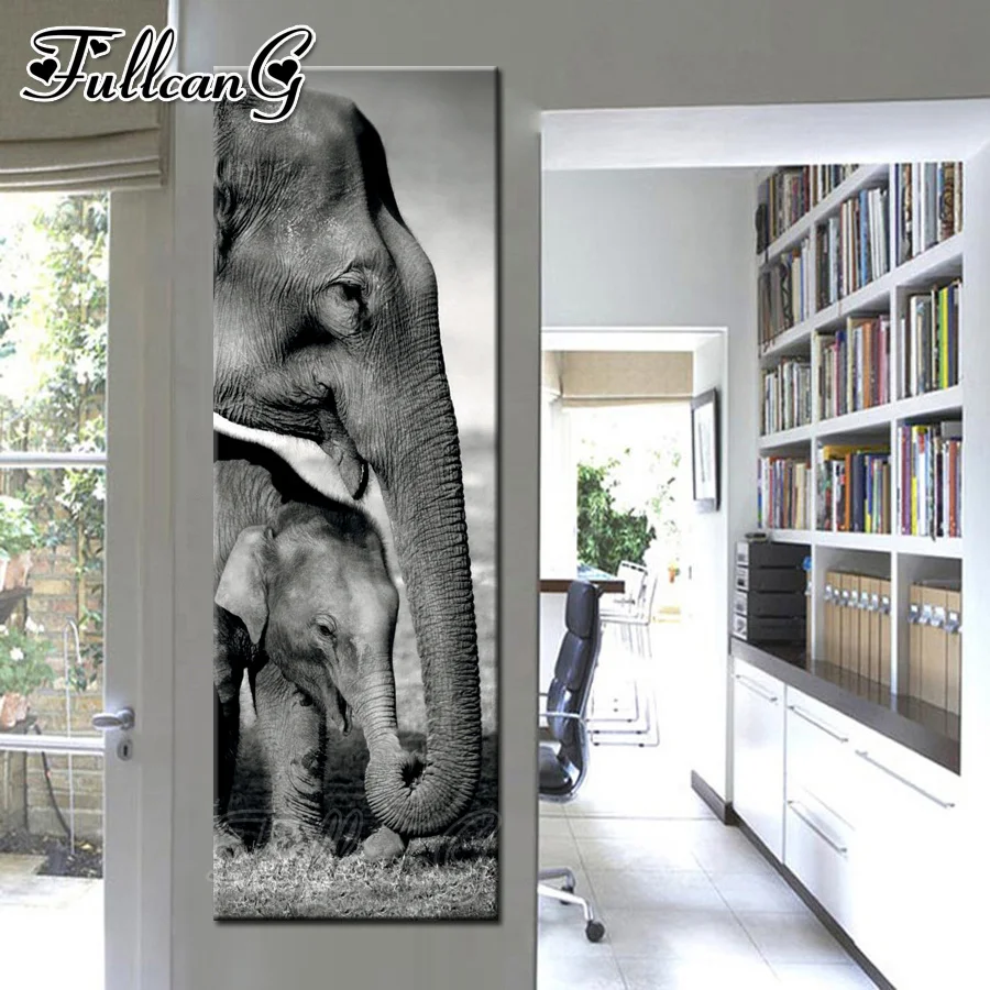 FULLCANG full square/round drill large diy 5d diamond painting black & white elephant baby animals mosaic embroidery kit FC1209