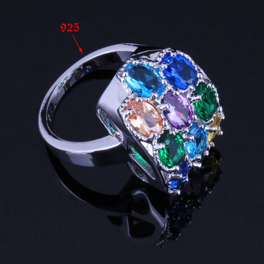 Astonishing Multigem Multicolor Cubic Zirconia Silver Plated Jewelry Sets Earrings Pendant Nacklace Chain Ring V0249