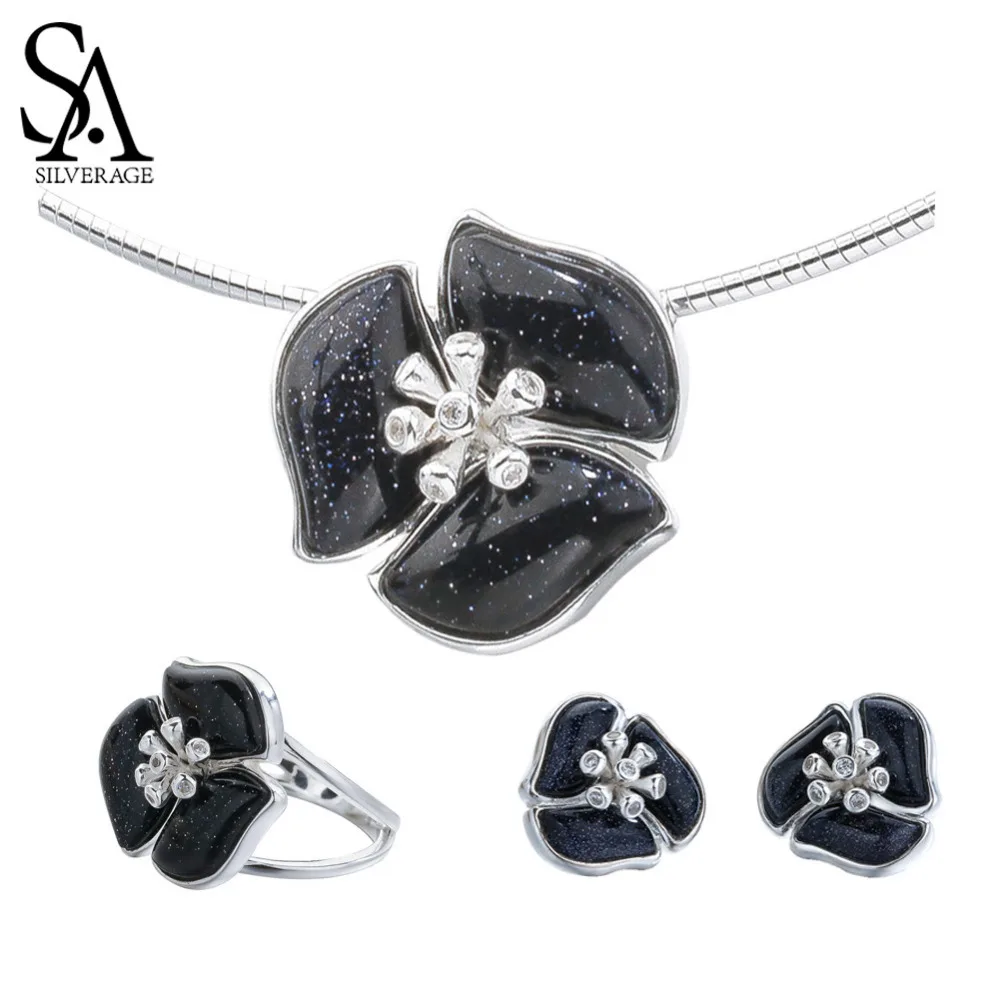 SA SILVERAGE 925 Sterling Silver Iris Shape Gemstone Stud Earrings Choker Necklace Wedding Ring Jewelry Sets Black Color Gift