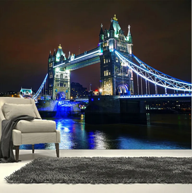 Custom 3D large mural,  London Bridge under the beautiful lights at night ,living room sofa TV wall  bedroom wall paper