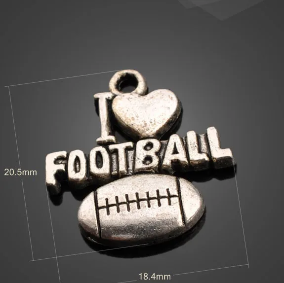 High Quality 10 Pieces/Lot 20.5mm*18.4mm Antique Silver Plated I Love Football American ootball Charms Wholesale