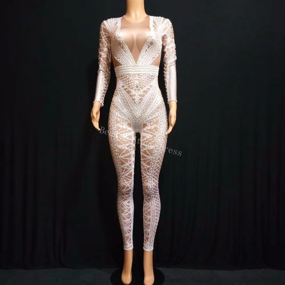 Của phụ nữ Thời Trang Jumpsuit Màu Đen Trang Phục Một mảnh Hộp Đêm Nhảy Băng In Trang Phục Sân Khấu Bên Mừng Mặc