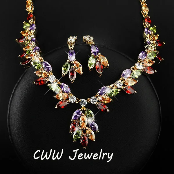 CWWZircons Beautiful In Colors Top Quality CZ Crystal Big Drop Flower Necklace Earrings Jewelry Sets For Women Gift  T069