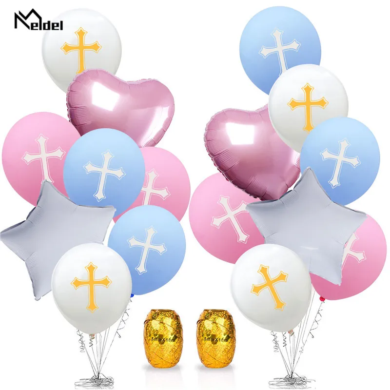 Happy Easter God Bless Cross Latex Balloons Star Foil Balloon Baptism Forked Holy Communion Party Christening Easter Decorations