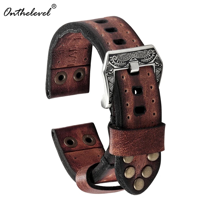 Onthelevel Classical Soft Leather Watch Strap With Rivets 18mm 20mm 22mm Vintage Watchband With Carved Buckle #C