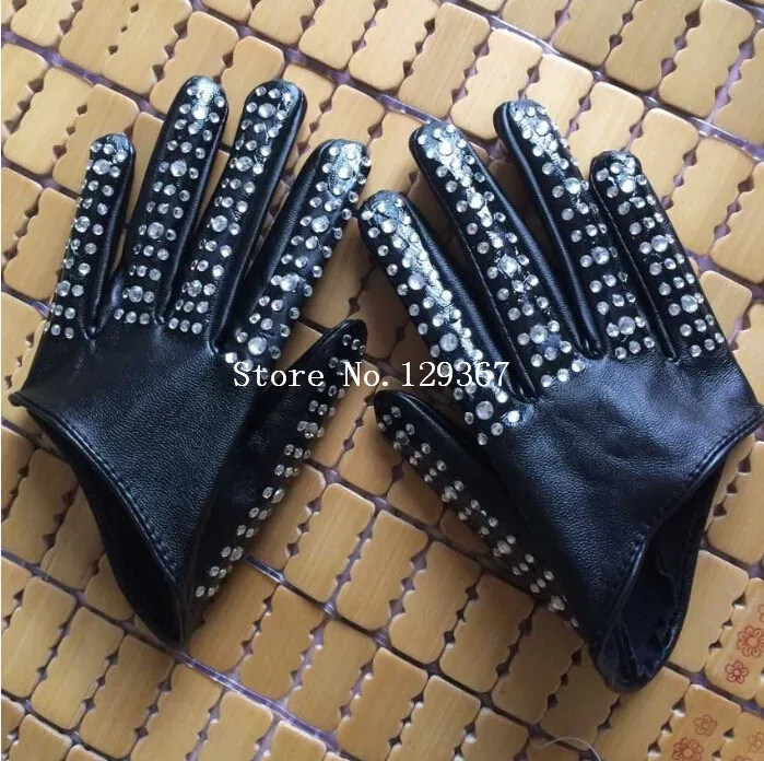 Women's fashion half palm Gloves lady's red white black PU leather gloves men's hip-hop rhinestone diy dancing gloves