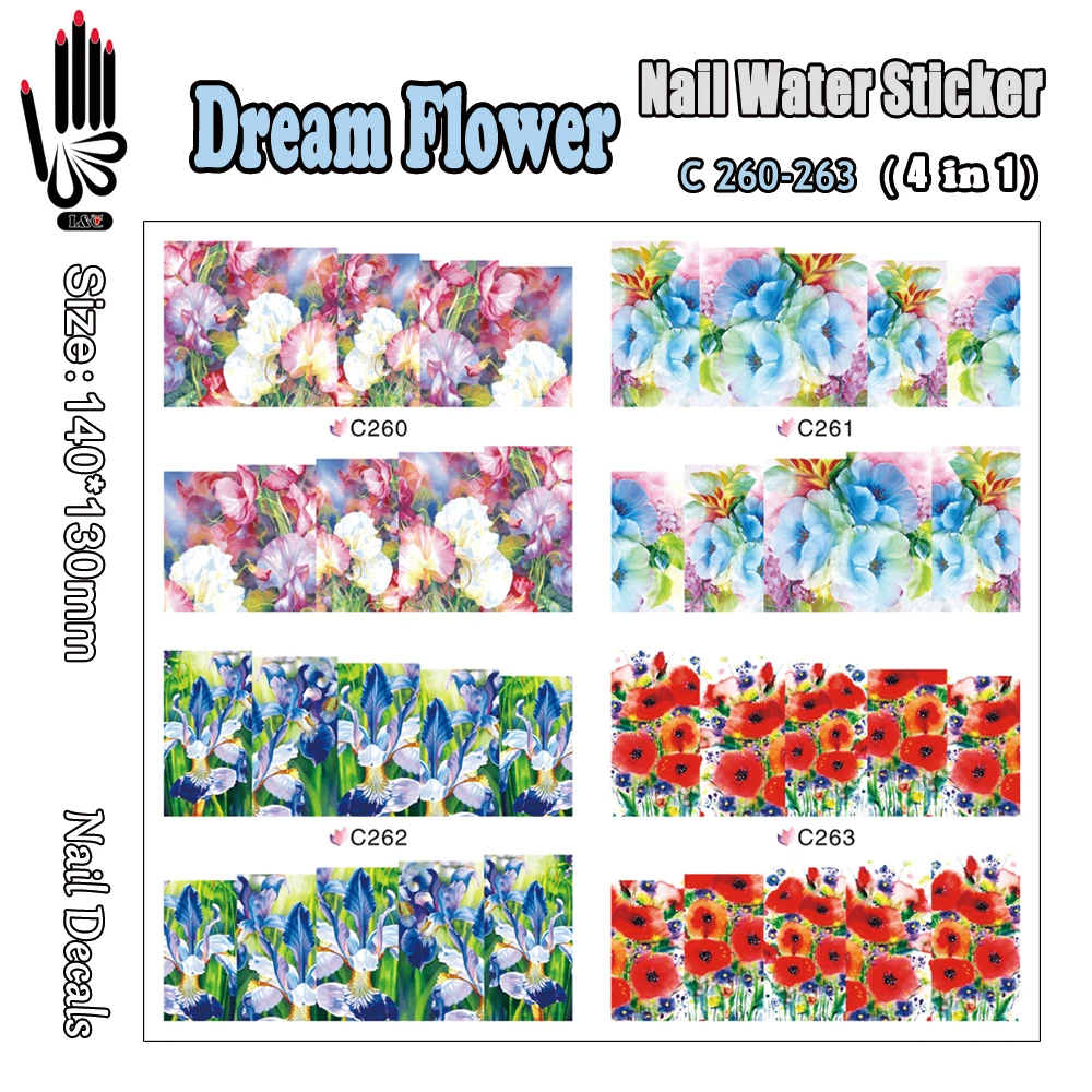 

4 Sheets/Lot Design Nail C260-263 Dream Flower Nail Art Transfer Water Sticker Decal for Nail Art Decorations(4 DESIGNS IN 1)