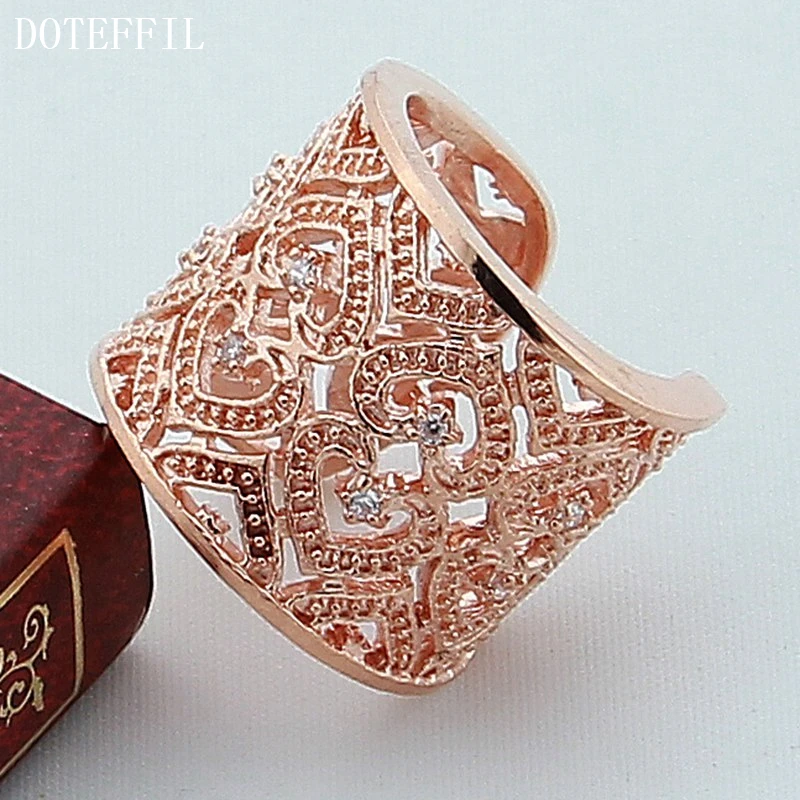 DOTEFFIL 925 Sterling Silver Rose Gold Big Net Weaving Ring For Women Wedding Engagement Party Fashion Charm Jewelry image 2